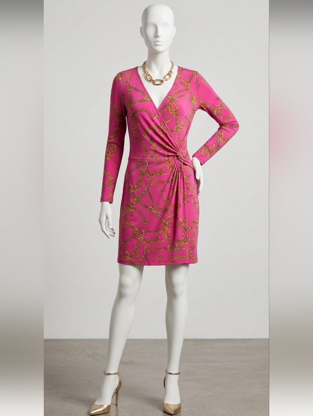 Jones New York Pink Chain-Print Long Sleeve Wrap Dress Sz Small